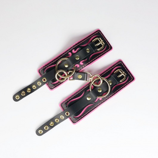 Черные кожаные наручники с розовой строчкой - Crazy Handmade - купить с доставкой в Сургуте