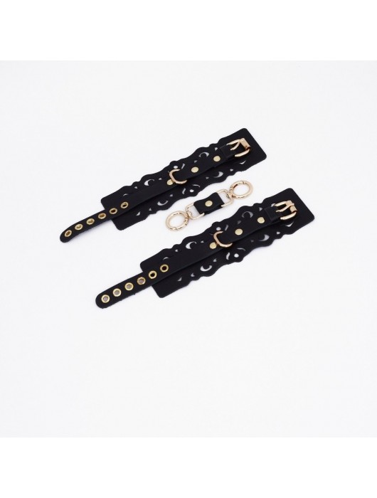 Черные кожаные наручники с узорами и золотистой фурнитурой - Crazy Handmade - купить с доставкой в Сургуте
