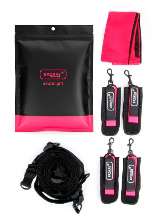 Черно-розовый эротический набор: фиксатор, оковы, наручники, повязка - Erokay - купить с доставкой в Сургуте