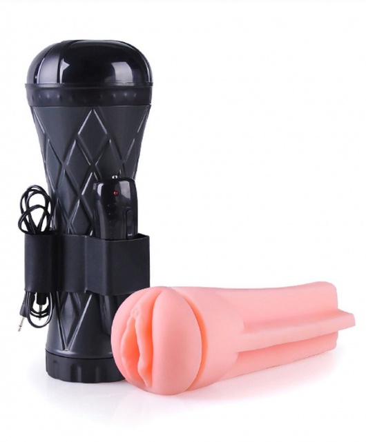 Телесный мастурбатор-вагина в черной колбе с вибрацией - Boys of Toys - в Сургуте купить с доставкой