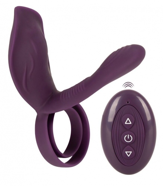 Фиолетовая насадка на член с клиторальным отростком и пультом ДУ RC Couple’s Vibrator 2 - Orion - в Сургуте купить с доставкой