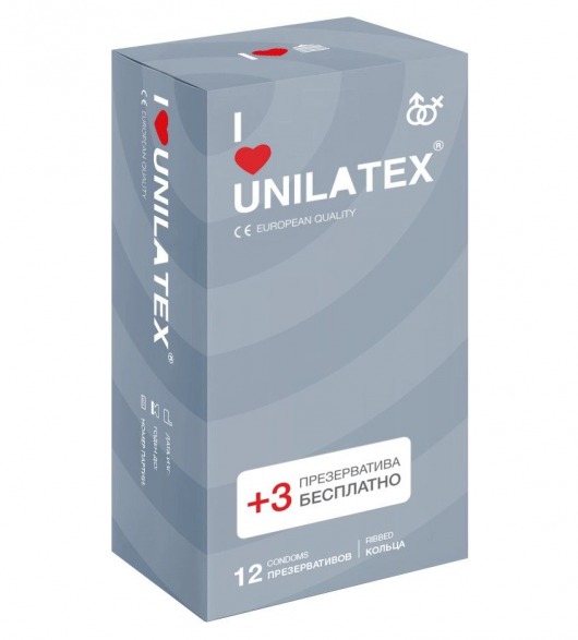 Презервативы с рёбрами Unilatex Ribbed - 12 шт. + 3 шт. в подарок - Unilatex - купить с доставкой в Сургуте